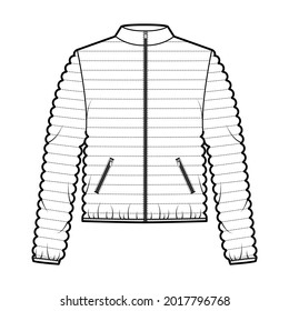 Down puffer coat jacket technical fashion illustration with long sleeves, stand collar, zip-up closure, pockets, hip length, narrow quilting. Flat template front, white color. Women, men, unisex CAD