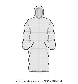 Down puffer coat jacket technical fashion illustration with long sleeves zip-up closure, oversized, knee length, wide quilting. Flat template front, grey color style. Women, men, unisex top CAD mockup