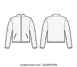 Down puffer coat jacket technical fashion illustration with long sleeves, stand collar, zip-up closure, pockets, hip length, narrow quilting. Flat template front, back, white color. Women, men top CAD