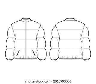 Down puffer coat jacket technical fashion illustration with stand collar, zip-up closure, boxy fit, hip length, wide quilting. Flat template front, back, white color. Women, men, unisex top CAD mockup