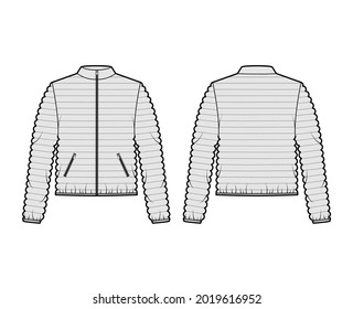 Down puffer coat jacket technical fashion illustration with long sleeves, stand collar, zip-up closure, hip length, narrow quilting. Flat template front, back, grey color. Women, men, unisex top CAD