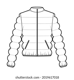Down puffer coat jacket technical fashion illustration with long sleeves, stand collar, pockets, hip length, classic quilting. Flat template front, white color style. Women, men, unisex top CAD mockup