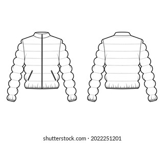 Down puffer coat jacket technical fashion illustration with long sleeves, stand collar, pockets, hip length, classic quilting. Flat template front, back, white color style. Women, men, top CAD mockup