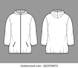 Down puffer coat jacket technical fashion illustration with long sleeves, hoody collar, zip-up closure, boxy fit, thigh length. Flat template front, back, white color. Women, men unisex top CAD mockup