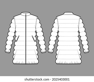 Down puffer coat jacket technical fashion illustration with long sleeves, stand collar, oversized, thigh length, classic quilting. Flat template front, back, grey color. Women, men, unisex top mockup