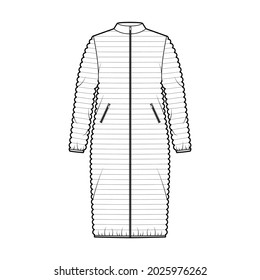 Down puffer coat jacket technical fashion illustration with stand collar, pockets, oversized, knee length, narrow quilting. Flat template front, white color style. Women, men, unisex top CAD mockup