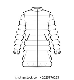 Down puffer coat jacket technical fashion illustration with long sleeves, stand collar, pockets, oversized, thigh length, classic quilting. Flat template front, white color. Women, men top CAD mockup