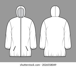 Down puffer coat jacket technical fashion illustration with long sleeves, hoody collar, zip-up closure, boxy fit, thigh length. Flat template front, back, white color. Women, men unisex top CAD mockup