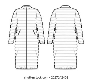 Down puffer coat jacket technical fashion illustration with zip-up closure, pockets, oversized, knee length, narrow quilting. Flat template front, back, white color style. Women, men unisex CAD mockup