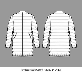 Down puffer coat jacket technical fashion illustration with long sleeves, stand collar, pockets, hip length, narrow quilting. Flat template front, back, white color. Women, men, unisex top CAD mockup