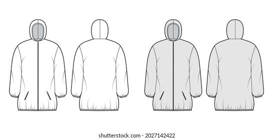 Down puffer coat jacket technical fashion illustration with long sleeves, hoody collar, boxy fit, thigh length. Flat template front, back, white, grey color style. Women, men, unisex top CAD mockup