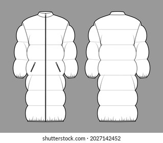 Down puffer coat jacket technical fashion illustration with long sleeves, stand collar, zip-up closure, oversized, knee length, wide quilting. Flat template front, back, white color style. Women, men