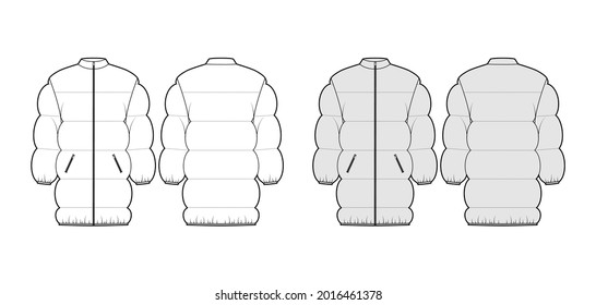 Down puffer jacket coat technical fashion illustration with long sleeves, stand collar, pockets, thigh length, wide quilting. Flat template front, back, white, grey color. Women, men, top CAD mockup