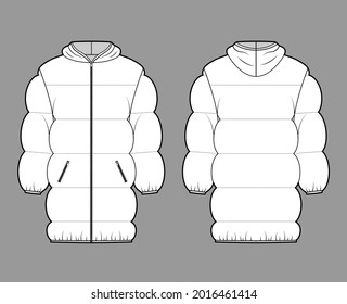 Down puffer jacket coat technical fashion illustration with hoody collar, zip-up closure, thigh length, wide quilting. Flat template front, back, white color style. Women, men, unisex top CAD mockup