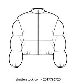 Down puffer jacket coat technical fashion illustration with long sleeves, stand collar, zip-up closure, boxy fit, crop length, wide quilting. Flat front, white color style. Women, men, unisex top CAD