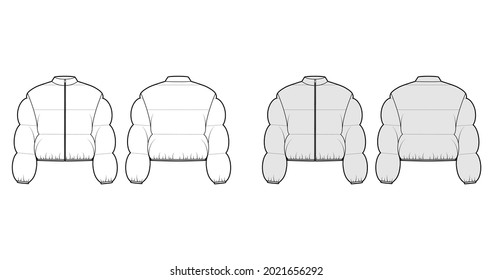 Down puffer jacket coat technical fashion illustration with stand collar, zip-up closure, boxy fit, crop length, wide quilting. Flat front, back, white, grey color style. Women, men, unisex top CAD svg