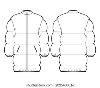 Down puffer jacket coat technical fashion illustration with long sleeves, zip-up closure, pockets, thigh length, wide quilting. Flat template front, back, white color. Women, men unisex top CAD mockup