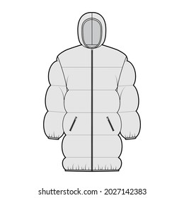 Down puffer jacket coat technical fashion illustration with hoody collar, zip-up closure, pockets, oversized, thigh length, wide quilting. Flat template front, grey color style. Women, men, CAD mockup