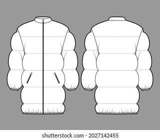 Down puffer jacket coat technical fashion illustration with long sleeves, stand collar, zip-up closure, pockets, wide quilting. Flat template front back, white color. Women, men, unisex top CAD mockup