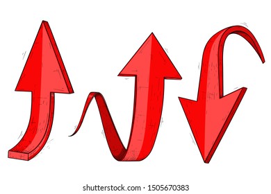 Up and Down red arrows. Hand drawn sketch. Vector illustration isolated on white background