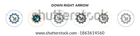 Down right arrow icon in filled, thin line, outline and stroke style. Vector illustration of two colored and black down right arrow vector icons designs can be used for mobile, ui, web