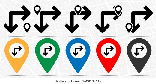 Down and right arrows icon in location set. Simple glyph, flat illustration element of arrow theme icons