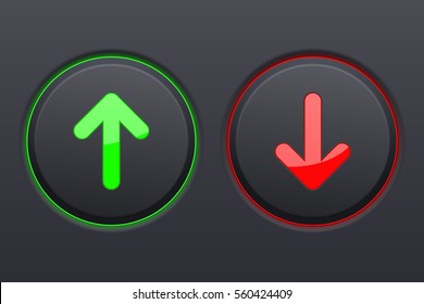 Up and Down round black buttons with green and red arrows. Vector illustration.