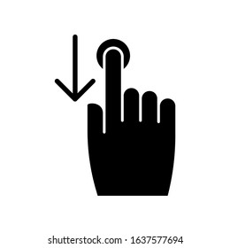 Down scrolling finger black glyph icon. Scrolldown gesture for smartphone touch screen. Hand and downward arrow button. Silhouette symbol on white space. Vector isolated illustration