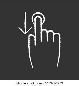 Down scrolling finger chalk white icon on black background. Scrolldown gesture for smartphone touch screen. Hand and downward arrow button. Isolated vector chalkboard illustration