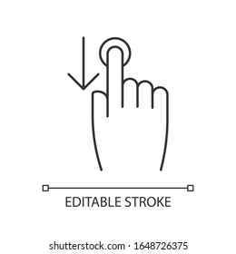 Down scrolling finger pixel perfect linear icon. Scrolldown gesture for smartphone touch screen. Thin line customizable illustration. Contour symbol. Vector isolated outline drawing. Editable stroke