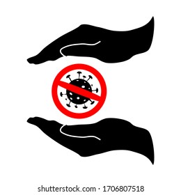 Up and Down shelter hand with stop coronavirus in the middle. Coronavirus warning red icon and open human hand.