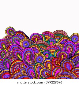 Down side tracery card with bright hand drawn ornament. Pink, violet and yellow abstract ornaments/ Can be used as card, invitation. Cinco de mayo. Ethnic background.