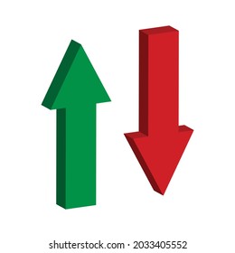Signo arriba y abajo con vectores de flechas 3d verde y roja. Icono de símbolo de gráfico de barra de ventas de la ilustración vectorial de diseño 3d con flecha moviéndose hacia abajo y gráfico de barras de ventas con flecha hacia arriba.	