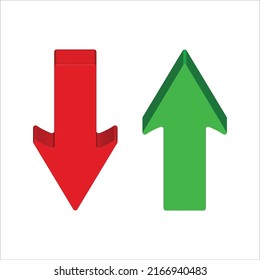 Signo arriba y abajo con vectores de flechas 3d verde y roja. Icono de símbolo de gráfico de barra de ventas de la ilustración vectorial de diseño 3d con flecha moviéndose hacia abajo y gráfico de barras de ventas con flecha hacia arriba.	