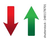 Up and Down sign with green and red arrows vector illustration. Concept of sales bar chart symbol icon with arrow moving down and sales bar chart with arrow moving up.