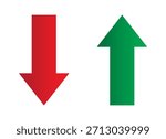 Up and Down sign with green and red arrows vector illustration. Concept of sales bar chart symbol icon with arrow moving down and sales bar chart with arrow moving up.