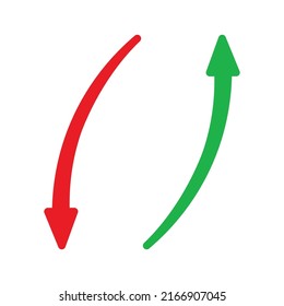 Signo arriba y abajo con vector de flechas verdes y rojas. Diseñar el concepto de ilustración vectorial del símbolo de gráfico de barras de ventas con flecha moviéndose hacia abajo y gráfico de barras de ventas con flecha hacia arriba.	