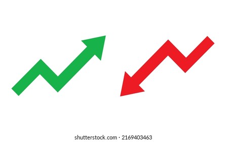Up and Down sign with green and red arrows vector. Design vector illustration concept of sales bar chart symbol icon with arrow moving down and sales bar chart with arrow moving up.	