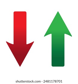 Up and Down sign with green and red arrows vector illustration. Concept of sales bar chart symbol icon with arrow moving down and sales bar chart with arrow moving up.