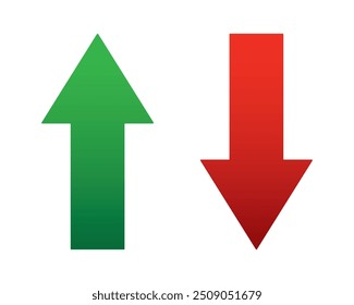 Up and Down sign with green and red arrows vector illustration. Concept of sales bar chart symbol icon with arrow moving down and sales bar chart with arrow moving up.