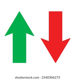 Arriba y abajo signo con flechas verdes y rojas Ilustración vectorial. Concepto de icono de símbolo de gráfico de barras de ventas con flecha que se mueve hacia abajo y gráfico de barras de ventas con flecha que se mueve hacia arriba.