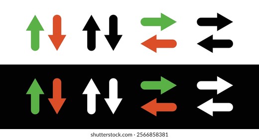 Up and Down sign with green and red arrows vector illustration. Concept of sales bar chart symbol icon with arrow moving down and sales bar chart with arrow moving up.