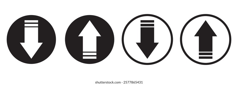 Up and Down sign with green and red arrows vector illustration. Concept of sales bar chart symbol icon with arrow moving down and sales bar chart with arrow moving up.