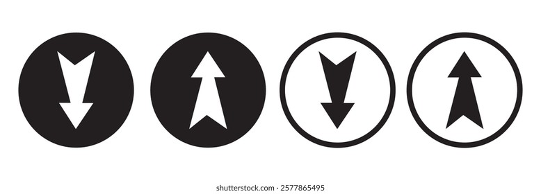 Up and Down sign with green and red arrows vector illustration. Concept of sales bar chart symbol icon with arrow moving down and sales bar chart with arrow moving up.