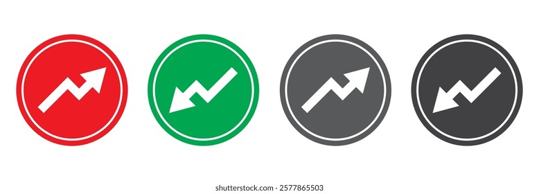 Up and Down sign with green and red arrows vector illustration. Concept of sales bar chart symbol icon with arrow moving down and sales bar chart with arrow moving up.