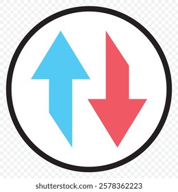 Up and Down sign with green and red arrows vector illustration. Concept of sales bar chart symbol icon with arrow moving down and sales bar chart with arrow moving up. Eps 10.