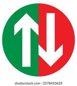 Up and Down sign with green and red arrows. Concept of sales bar chart symbol icon with arrow moving down and sales bar chart with arrow moving up. Rounded mini arrows, up-down icon. Design eps 10