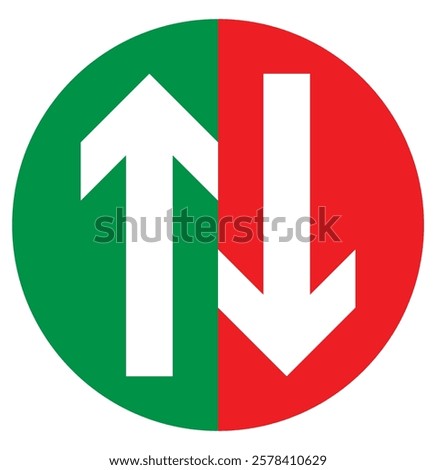 Up and Down sign with green and red arrows. Concept of sales bar chart symbol icon with arrow moving down and sales bar chart with arrow moving up. Rounded mini arrows, up-down icon. Design eps 10