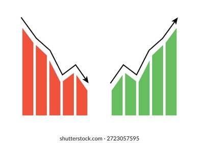 Up and down simple arrow, finance profit or loss analysis theme. Two charts, dynamics of growth and decline. Statistical simple infographic element. Vector illustration