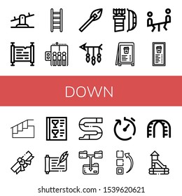 down simple icons set. Contains such icons as Seesaw, Scroll, Ladder, Elevator, Arrows, Arrow, Menu, Stairs, Slide, Download file, Delivery time, can be used for web, mobile and logo